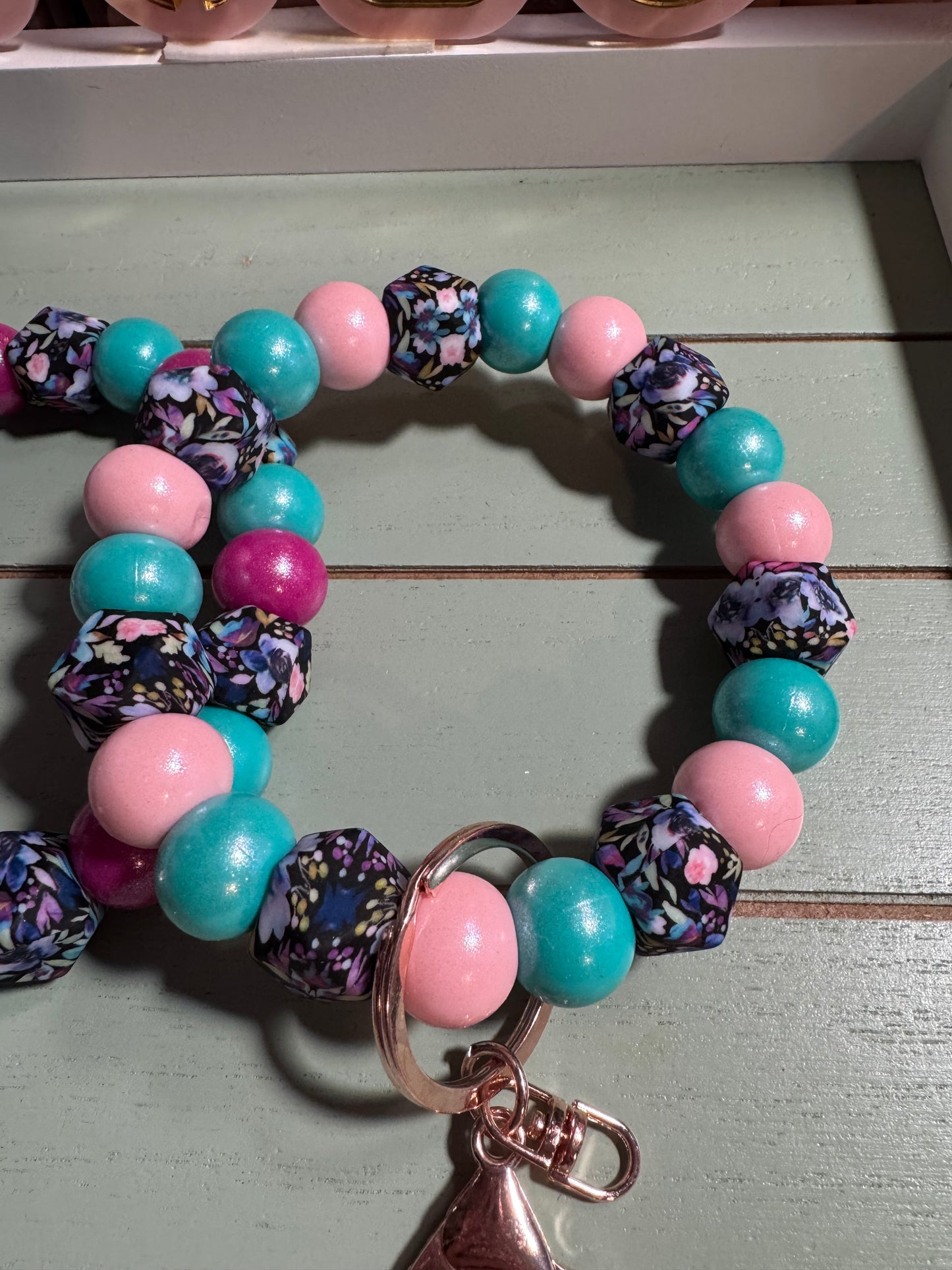 Floral beaded wristlet keychain /blues and pinks
