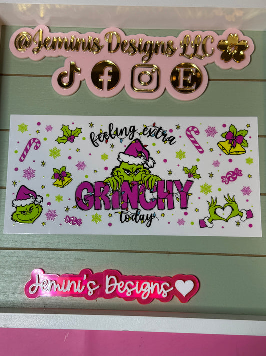Mean one| pink feeling extra grinchy Mean guy Christmas pink | uvdtf cup wrap | Permanent decal | No heat needed | Waterproof