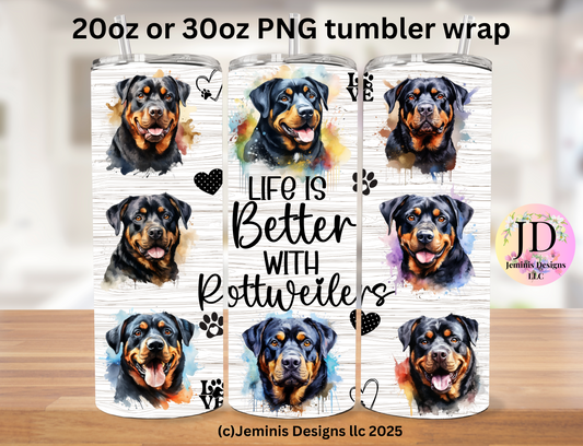Rottweiler PNG straight tumbler digital design- Digital file fits 20 or 30 oz