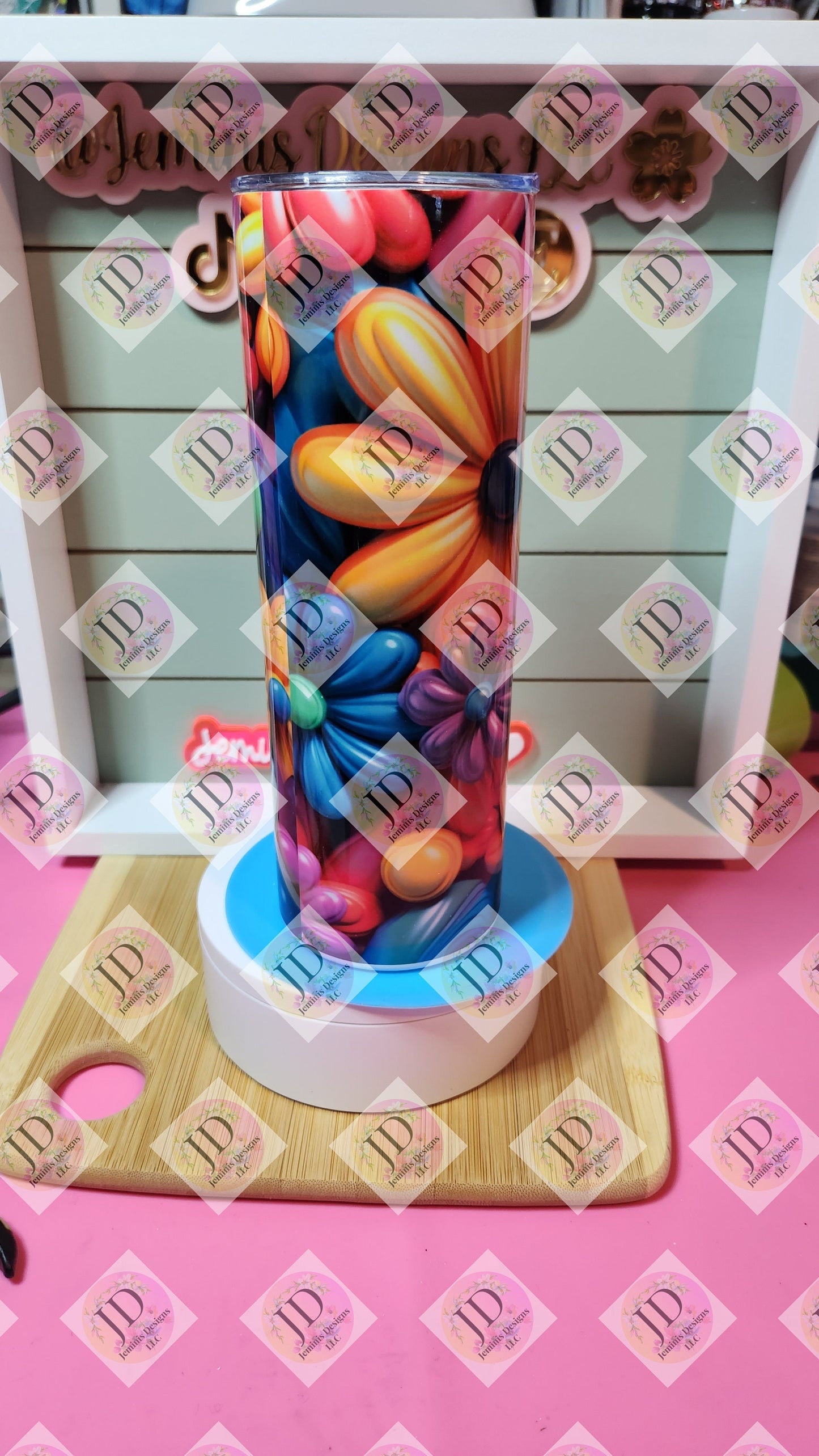 3D colorful puffy flowers 20oz skinny tumbler/ flower tumbler/bright flower tumbler,  20oz tumbler