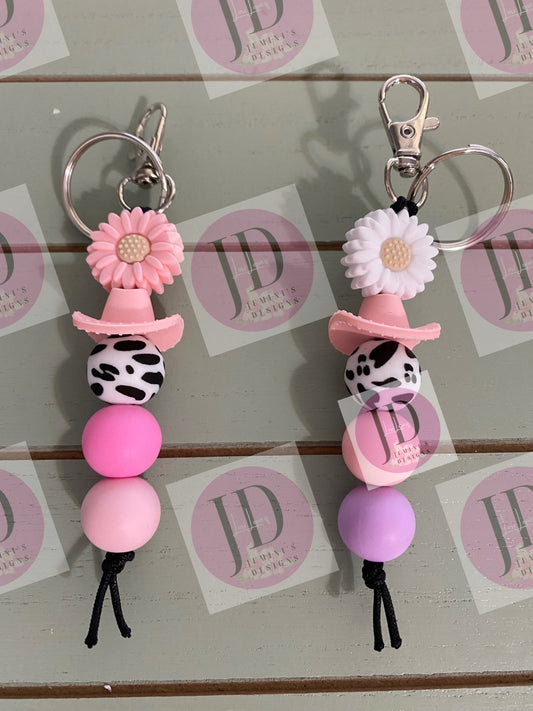 Ready to Ship Adorable Sunflower and cowboy hat beaded Keychain/beaded mini Keychain & Sunflower/cowboy hat dangle Keychain pink or white
