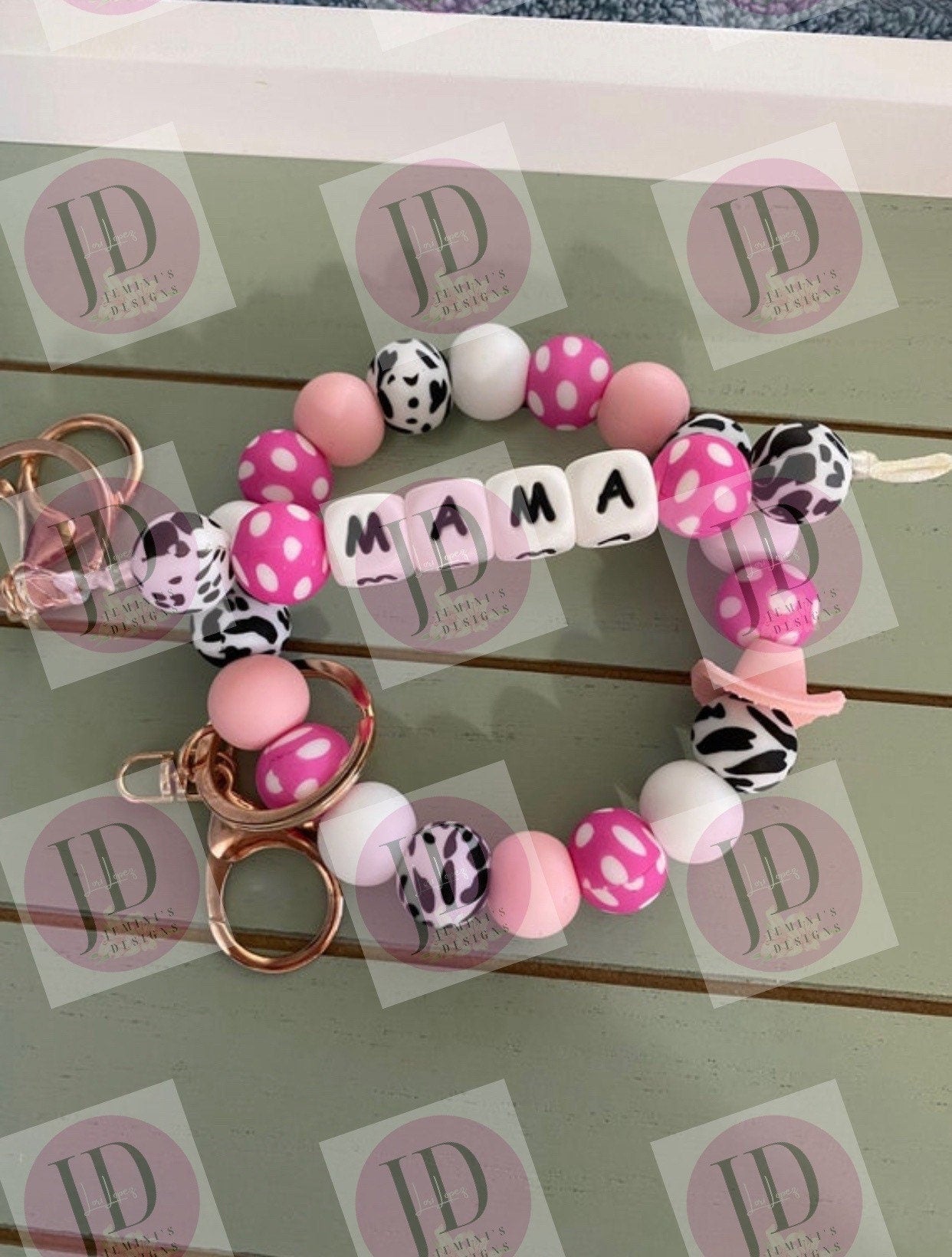 Beaded Bangle pink cow print Keychain/ mama Keychain or both /beaded Bangle for her/pink  wristlet/bangle pair