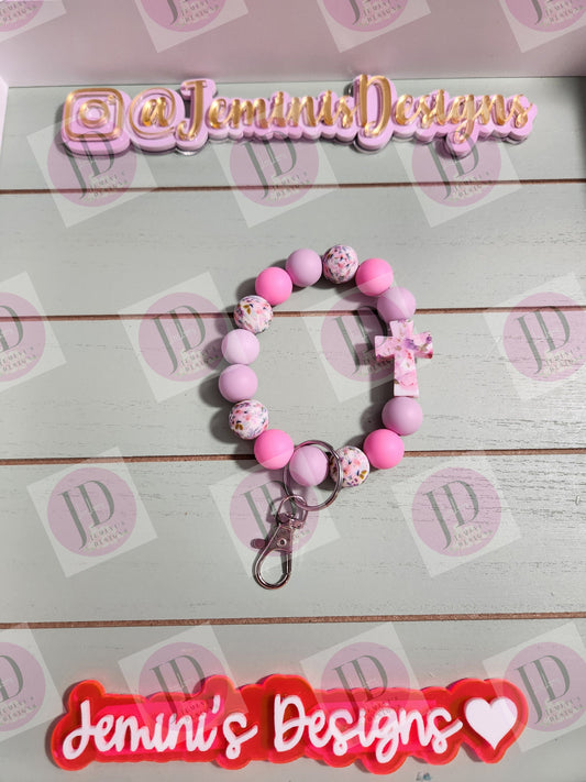 Stretchy/Elastic floral pink cross Beaded Bangle lavender and pink  floral print Elastic Keychain/beaded Bangle for her/
