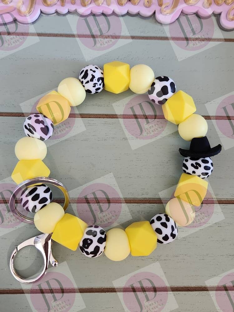 Ready to Ship Beaded Bangle Cowboy yellow cow print Keychain/beaded Bangle for her yellow cowboy wristlet/bangle