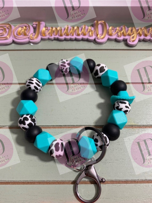 Beaded Bangle Cowboy hat turquoise & black cow print Keychain/beaded Bangle for her/turquoise/black cowboy wristlet/bangle bracelet