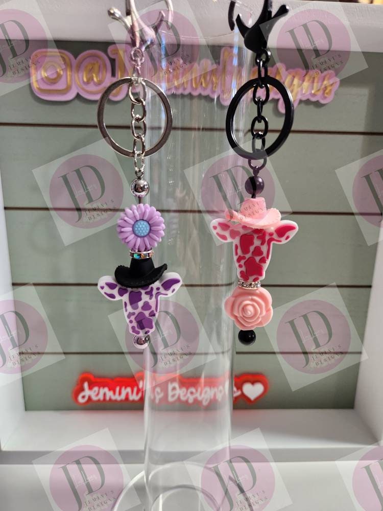 Adorable cow head and flower beaded Keychain BAR/beaded mini Keychain BAR & flower/cowboy head dangle Keychain