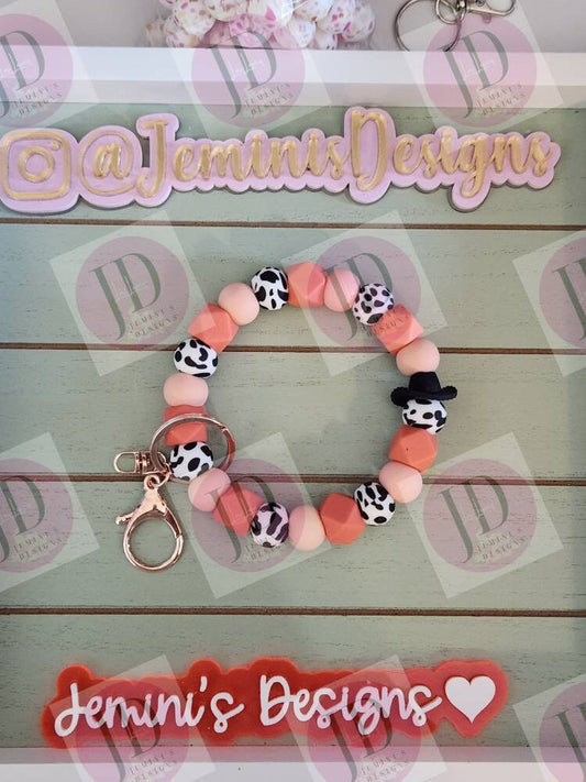 Beaded Bangle Cowboy hat peach/coral cow print Keychain/beaded Bangle for her/peach & coral cowboy wristlet/bangle  bracelet