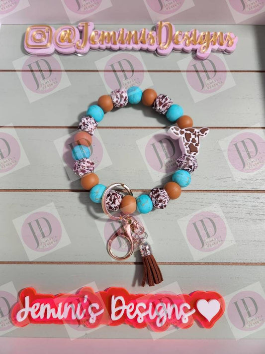 Beaded Bangle Cow head & stone print turquoise Keychain/beaded Bangle for her/brown cow wristlet Bangle bracelet turquoise and brown