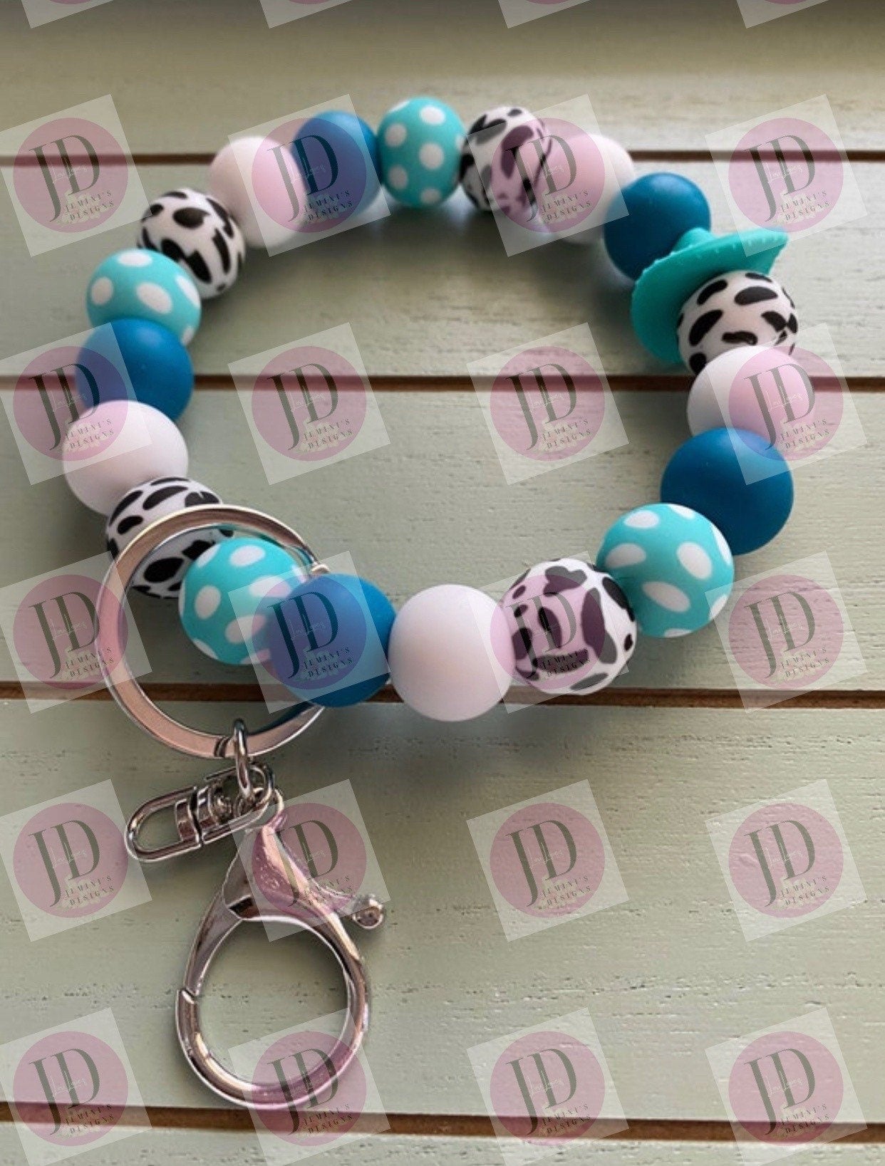 Ready to Ship Beaded Bangle Cowboy hat teal cow print Keychain/beaded Bangle for her/teal cowboy wristlet/bangle teal bracelet