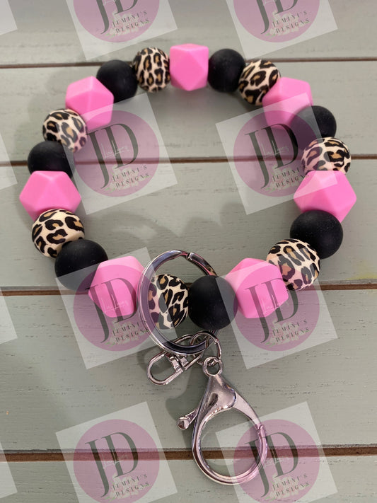 Ready to Ship Beaded Bangle black/pink leopard /Keychain/beaded Bangle for her/pink/black Keychain/beaded leopard bangle bracelet