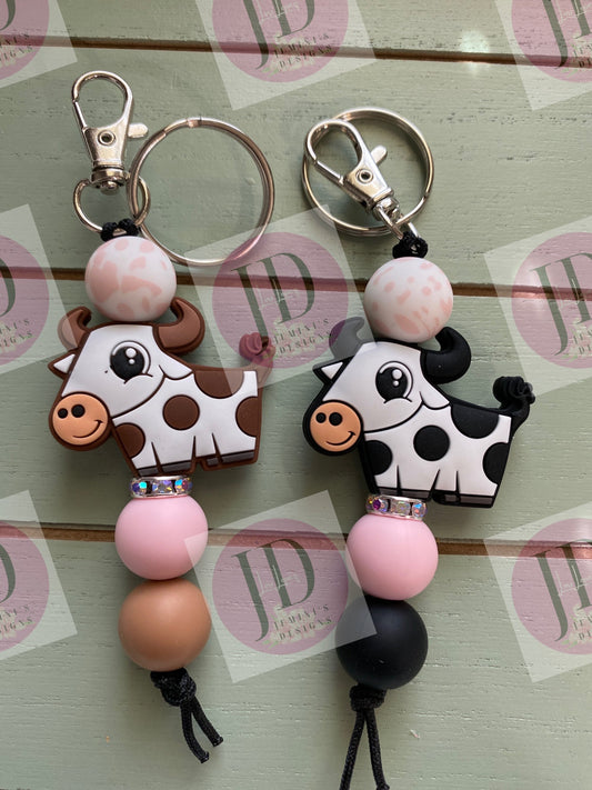 Ready to Ship Adorable cow beaded Keychain/beaded mini Keychain & brown or black cow /dangle keychain