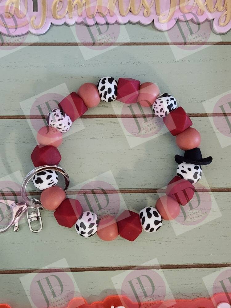 Beaded Bangle Cowboy maroon cow print Keychain/beaded Bangle for her maroon cowboy wristlet/bangle