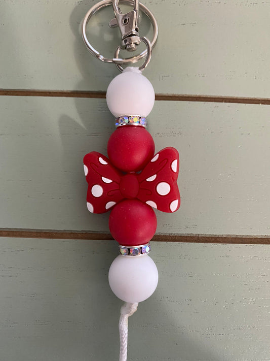 Ready to Ship Adorable Red/white bow bead Keychain/beaded Keychain, dangle Keychain /bow  Keychain