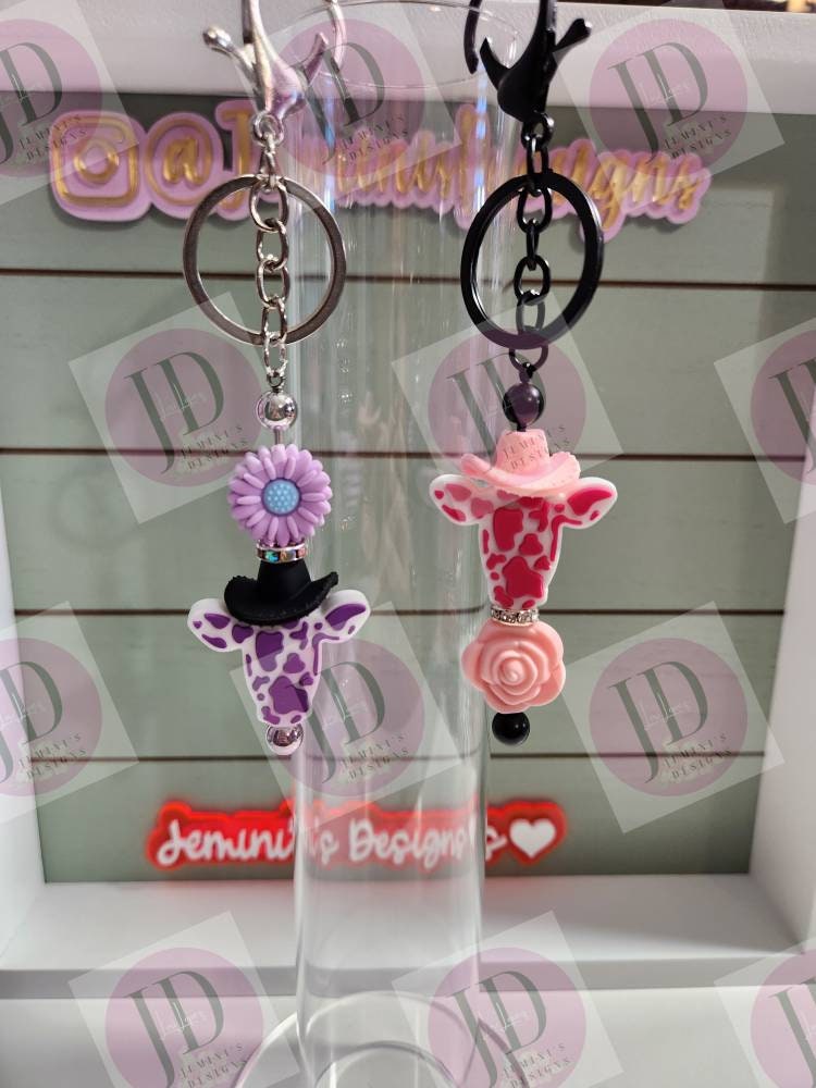 Adorable cow head and flower beaded Keychain BAR/beaded mini Keychain BAR & flower/cowboy head dangle Keychain