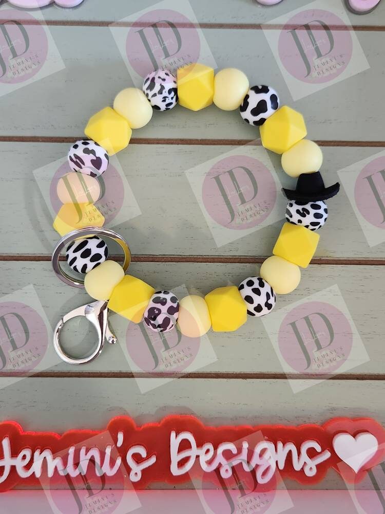 Ready to Ship Beaded Bangle Cowboy yellow cow print Keychain/beaded Bangle for her yellow cowboy wristlet/bangle