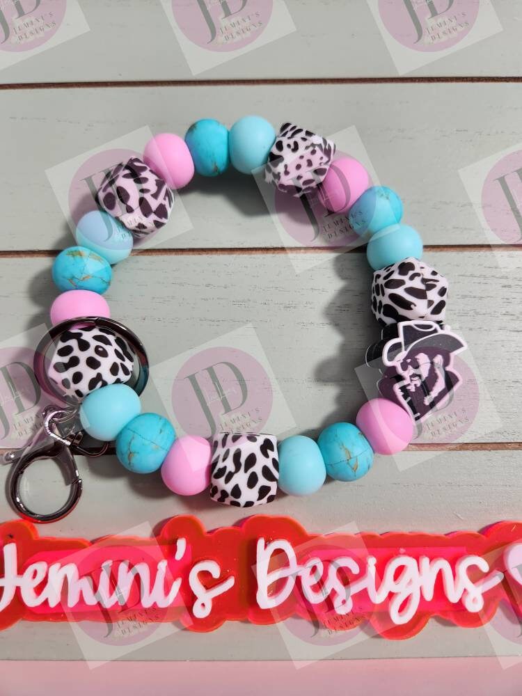 Ready to Ship Beaded Bangle Cowboy pi k/turquoise Keychain/beaded Bangle for her/cowboy wristlet Bangle bracelet