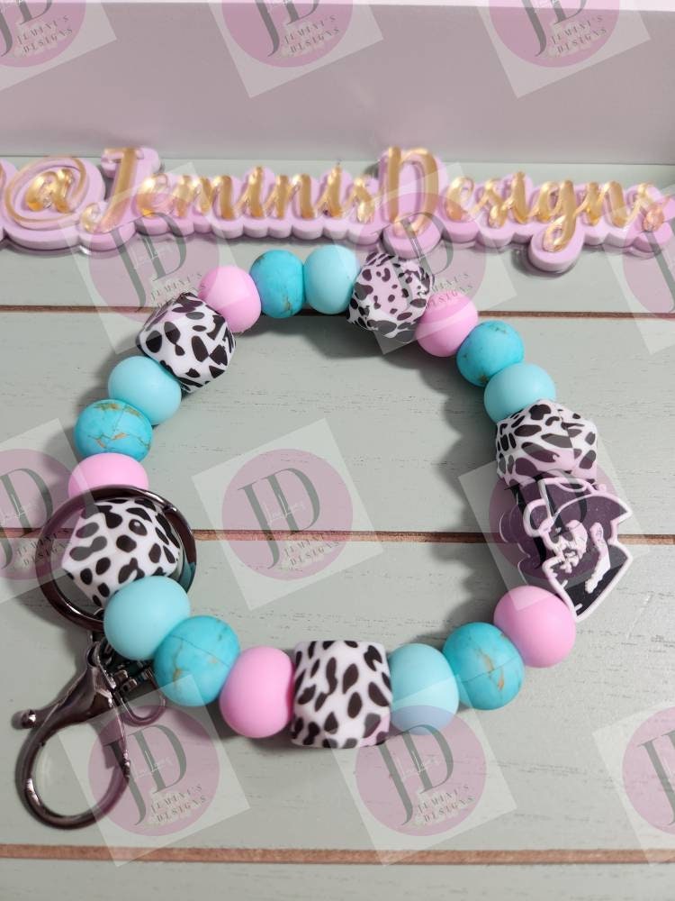 Ready to Ship Beaded Bangle Cowboy pi k/turquoise Keychain/beaded Bangle for her/cowboy wristlet Bangle bracelet