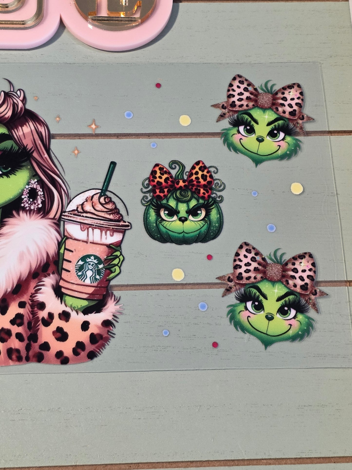 Girl grinch gold leopard coffee uvdtf cup wrap sticker/ Permanent decal