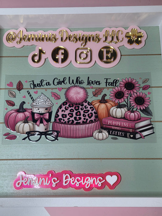 Just a girl who loves fall pumpkin and beanie uvdtf cup wrap sticker/ pink leopard books & coffee uvdtf