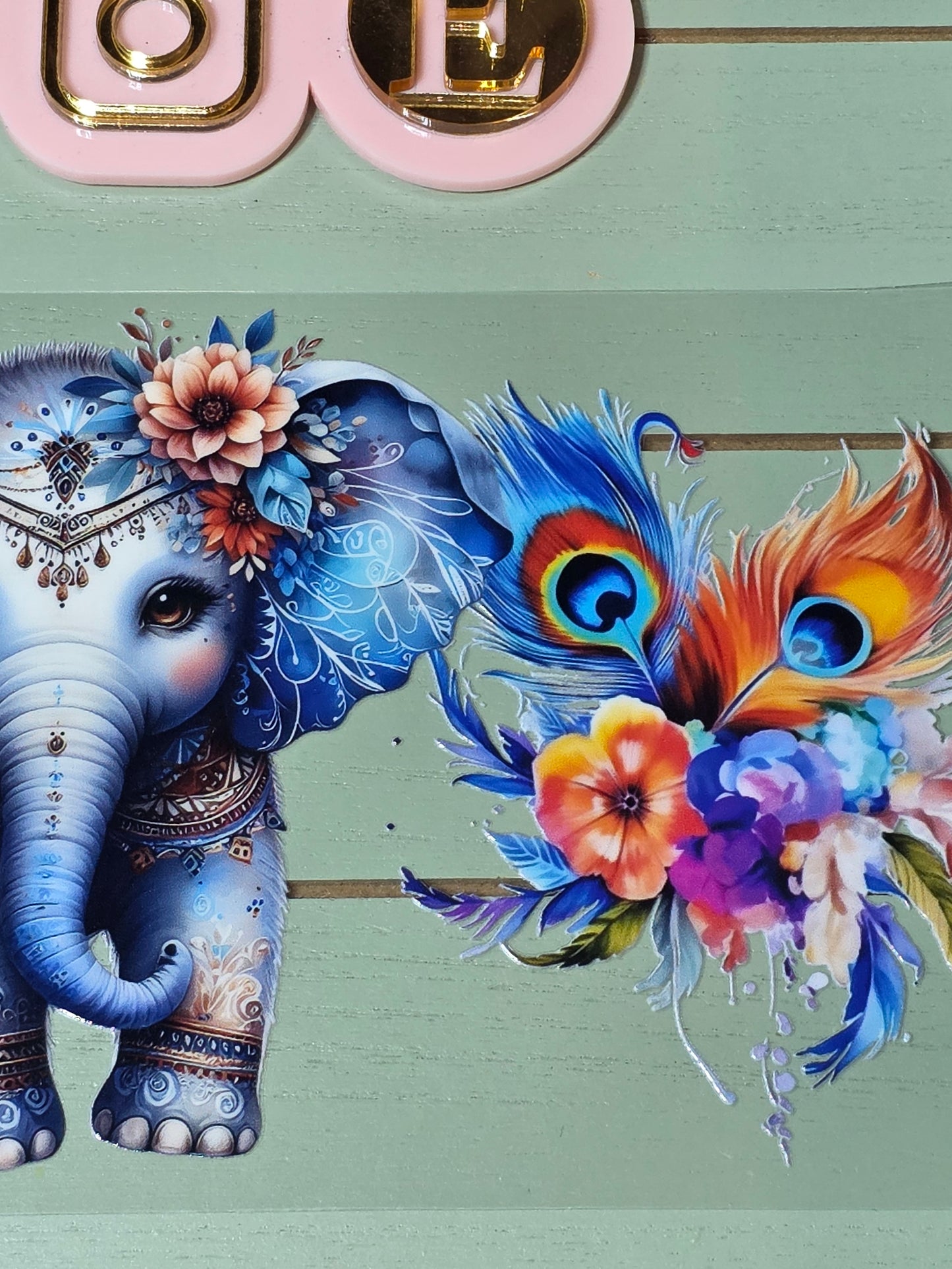 Elephant peacock feather floral uvdtf cup wrap sticker