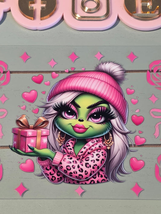 Mean one pink grinch holding present/ hearts and diamond uvdtf cup wrap sticker