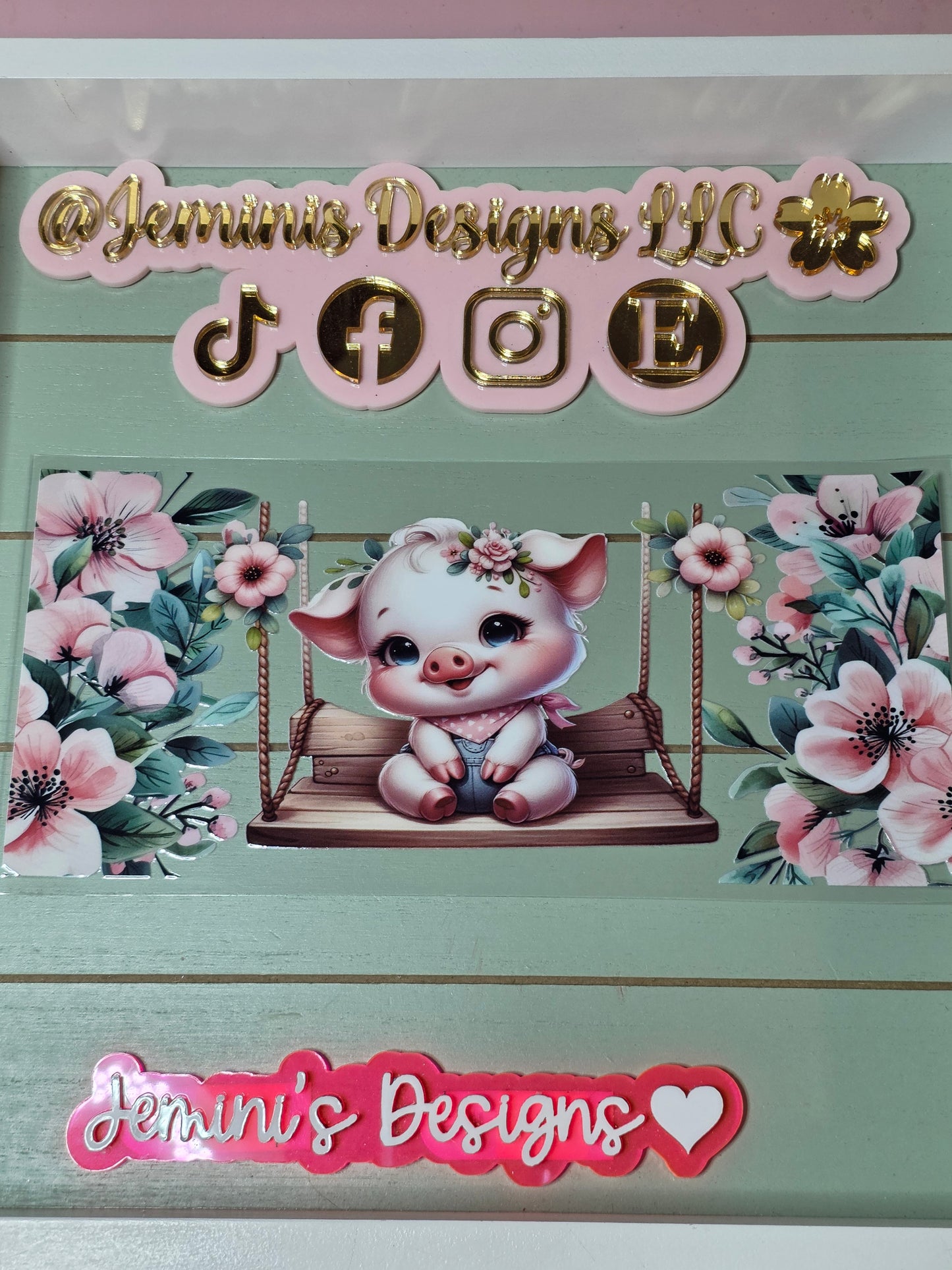 Pink pig on a swing floral uvdtf cup wrap