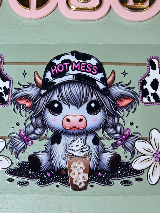 Hot mess black and white Highland cow/ cow tag flower uvdtf cup wrap pink sticker