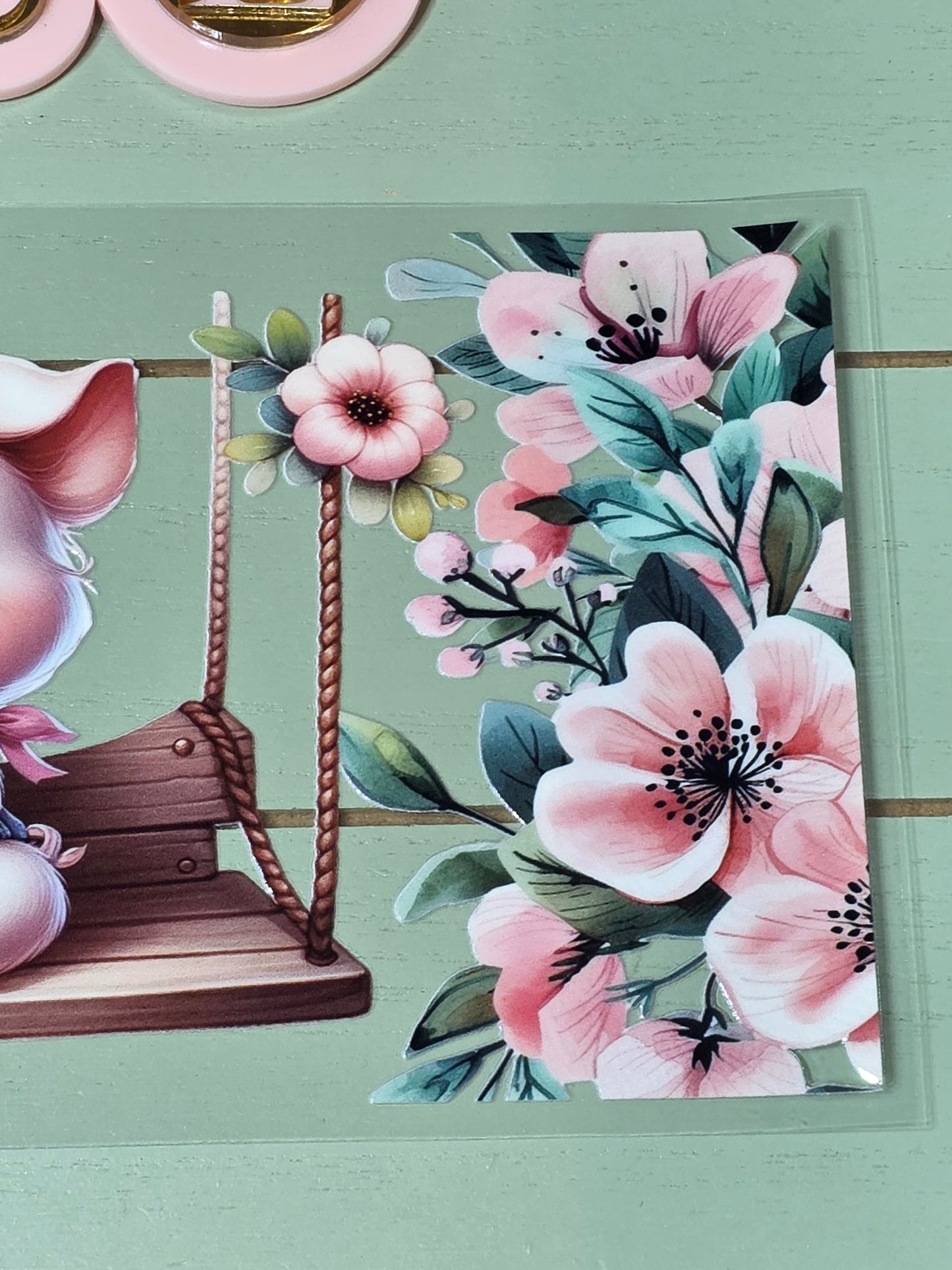Pink pig on a swing floral uvdtf cup wrap