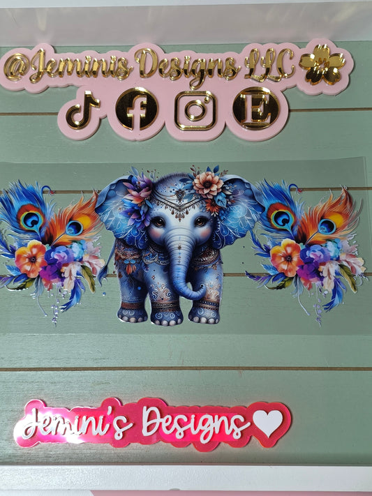 Elephant peacock feather floral uvdtf cup wrap sticker