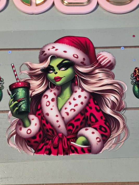 Christmas girl/ mean one holding cup uvdtf cup wrap sticker/ Santa hat