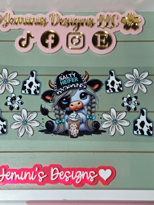 Salty Heifer cow black & white cow tag turquoise  coffee Uvdtf cup wrap sticker