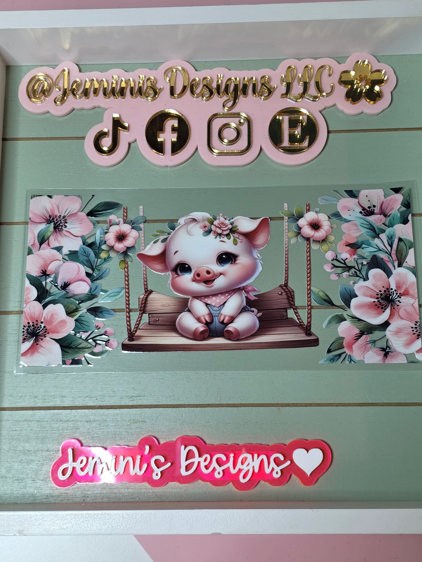 Pink pig on a swing floral uvdtf cup wrap