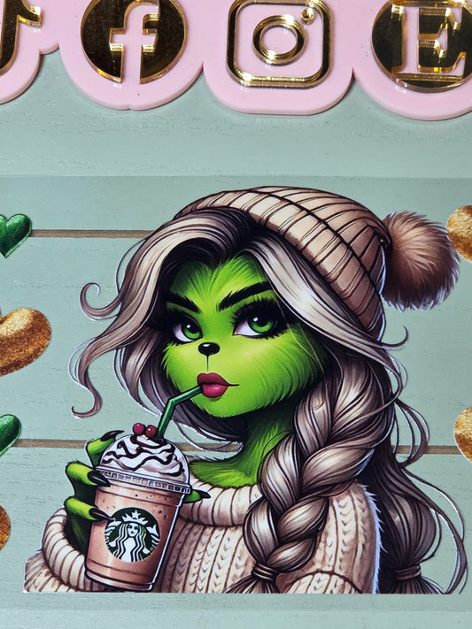 Mean one girl gold hearts coffe uvdtf cup wrap.   Beanie grinch girl
