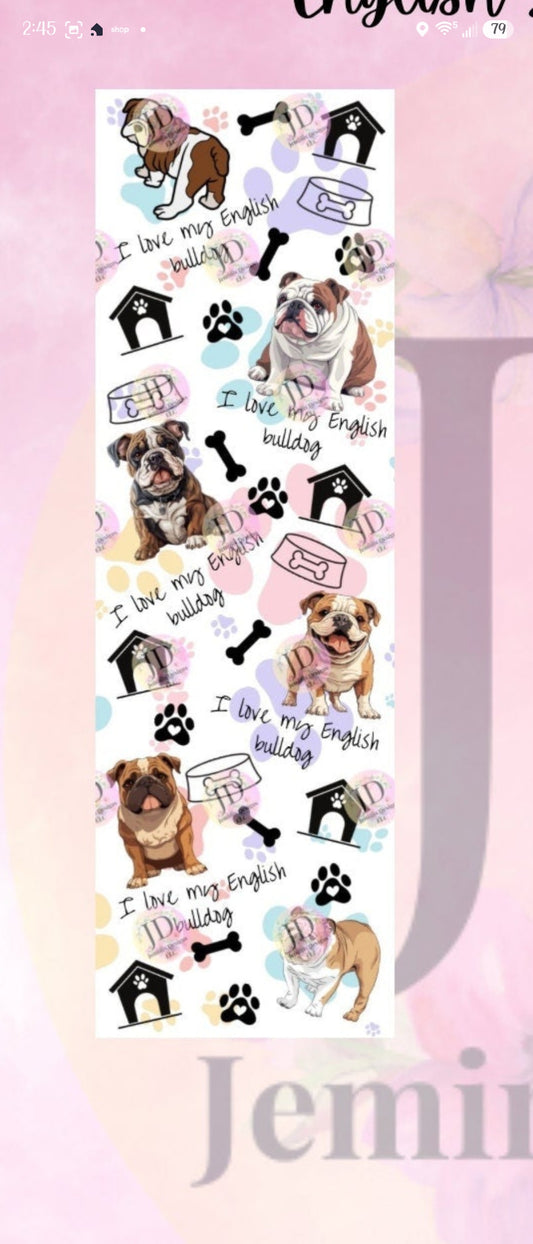 English Bulldog love glitter pen wrap pen, pen wrap with Lots of vibrant colors sparkle. Pink English Bulldog pen.  English bulldogs