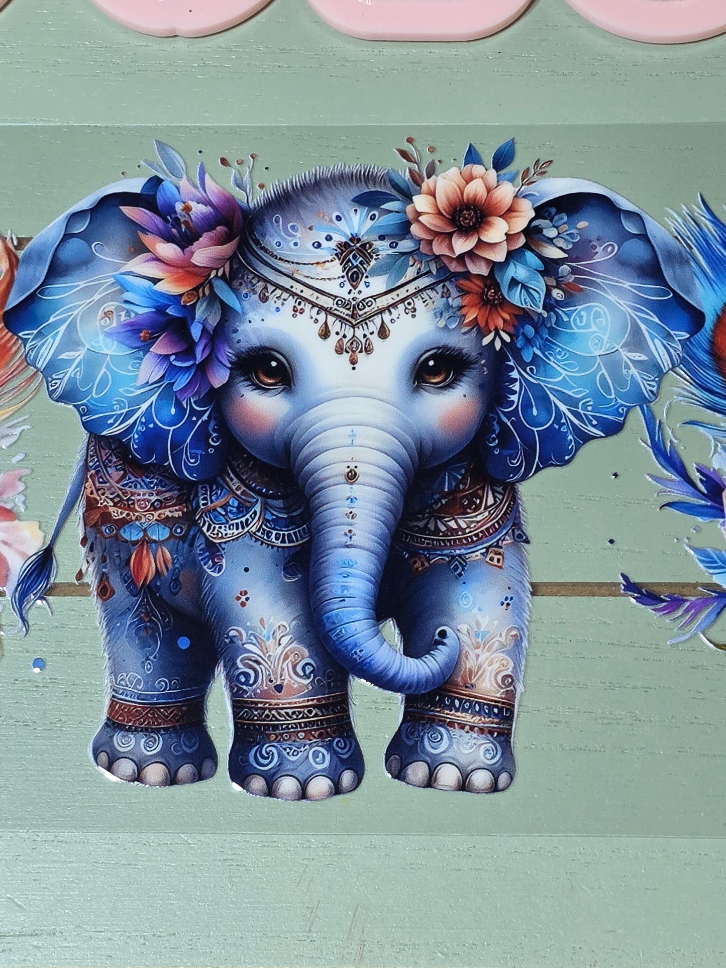 Elephant peacock feather floral uvdtf cup wrap sticker