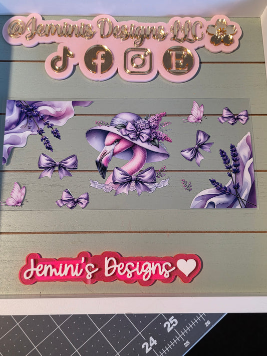 Purple flamingo bows & butterfly uvdtf cup wrap sticker.   Ready to apply/ no heat needed