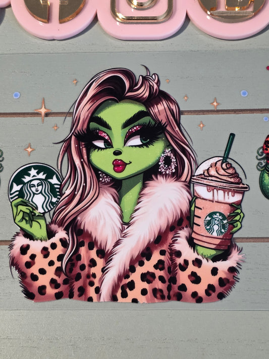 Girl grinch gold leopard coffee uvdtf cup wrap sticker/ Permanent decal