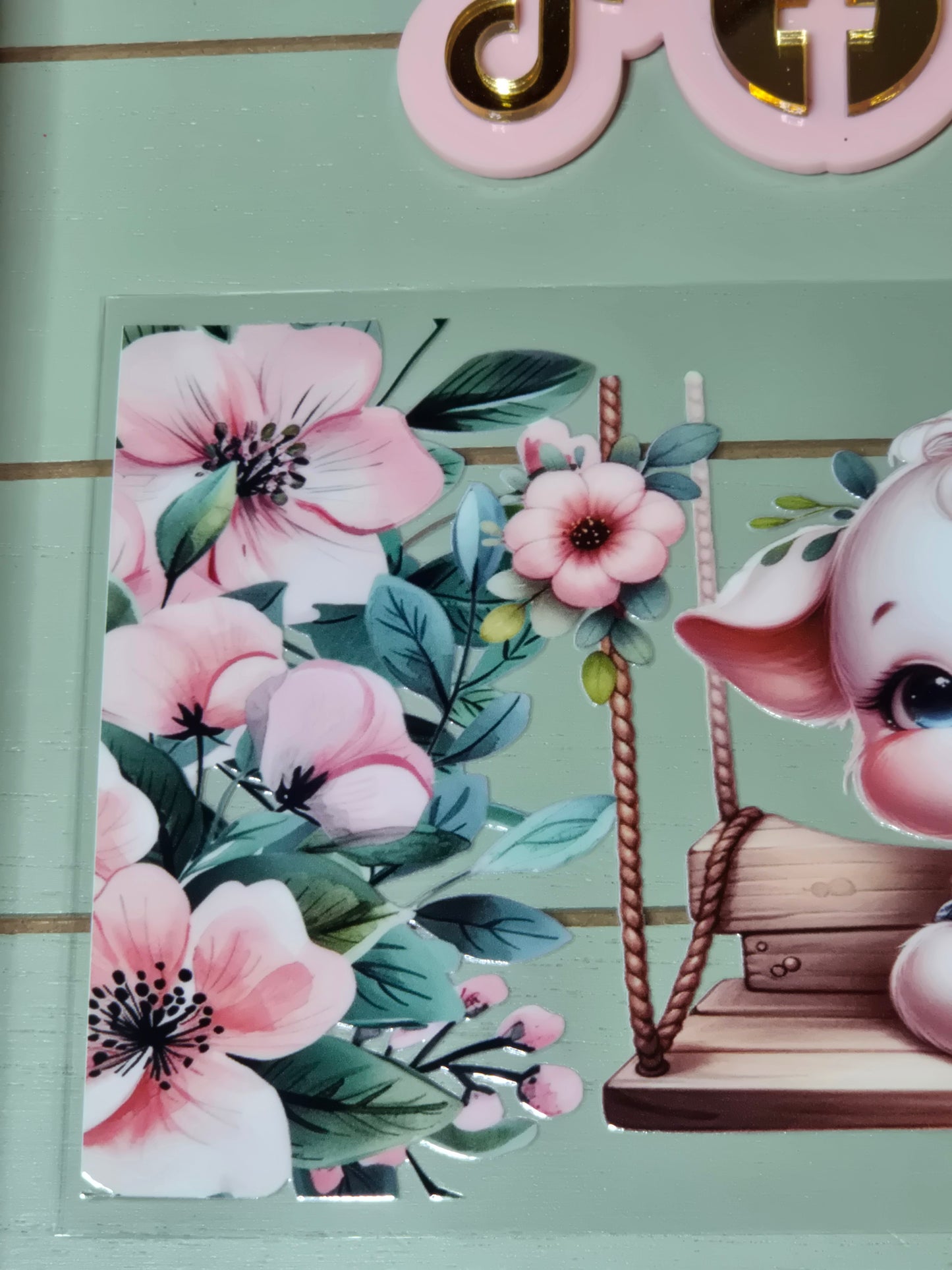 Pink pig on a swing floral uvdtf cup wrap