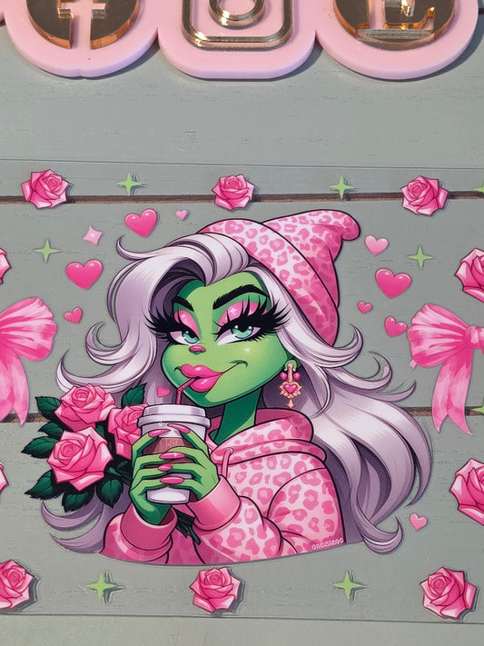 Girl grinch pink bows & roses uvdtf/ sipping drink/ cup sticker/ mean one